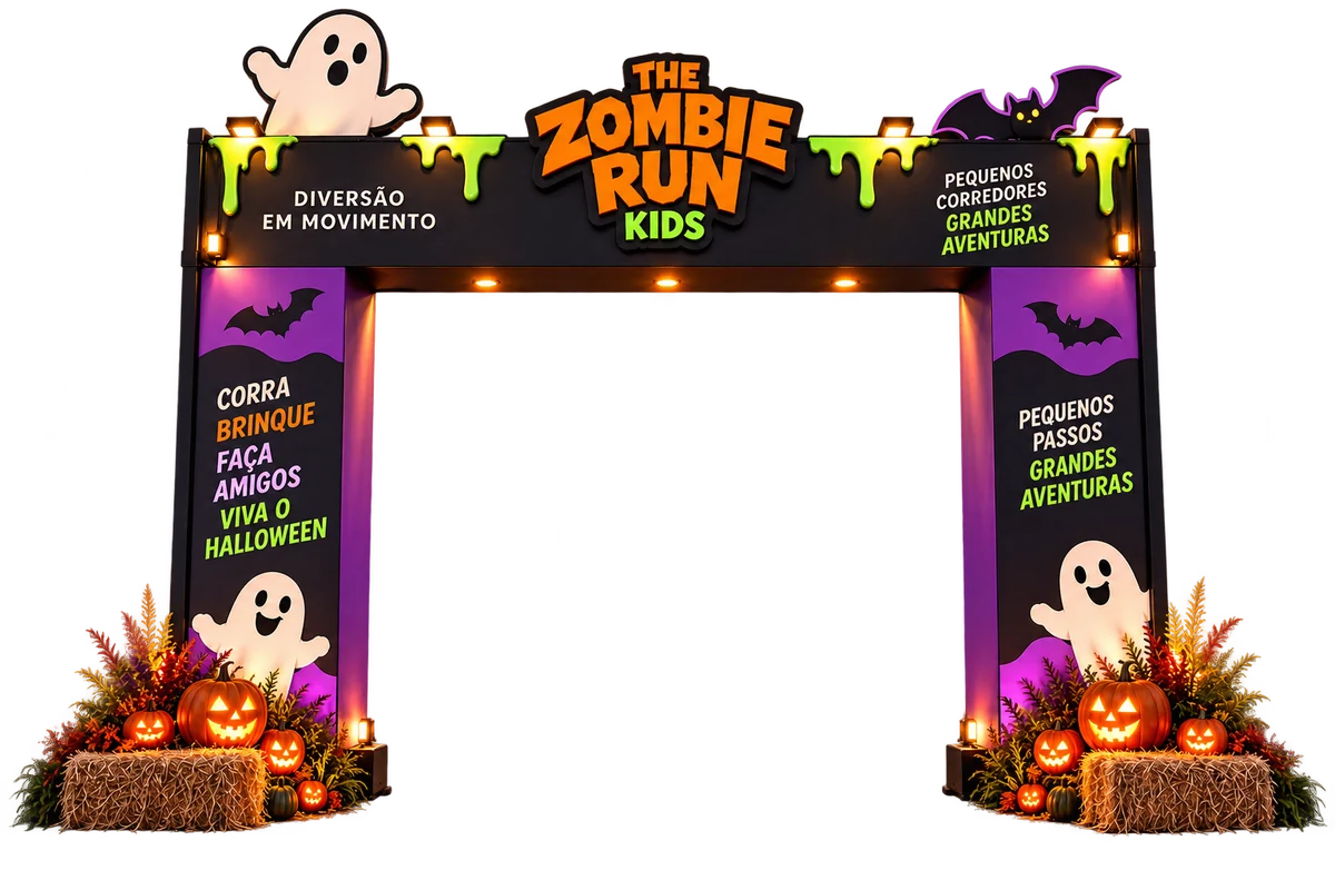 Prévia do portal The Zombie Run Kids com abóboras, fantasmas e iluminação laranja e roxa